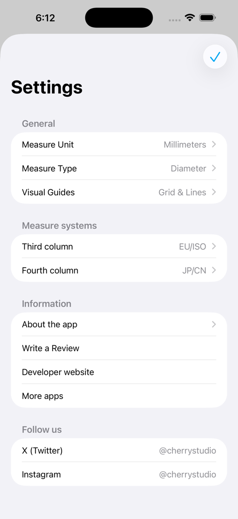 Ring Sizer Pro - Settings menu of the Ring Sizer Pro app showing options for measurement units and international sizing systems