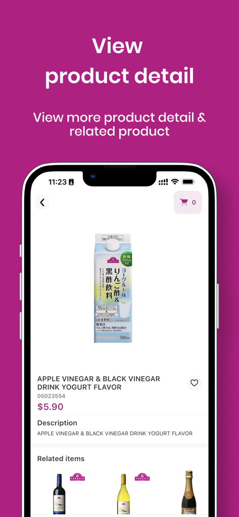 AEON Online - Captura de pantalla de la aplicación móvil AEON Online que muestra la página de detalles de un producto de bebida de vinagre de manzana sabor yogur con precio y artículos relacionados