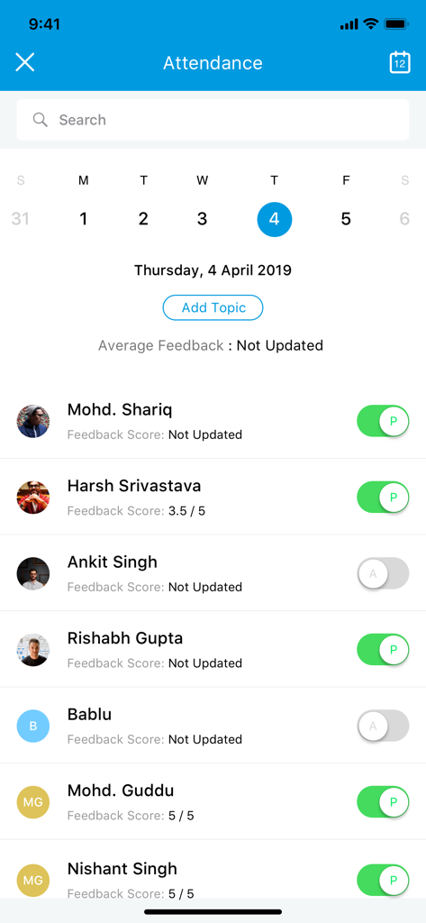Mobile app screen for student attendance management showing a list of students with present and absent toggle buttons