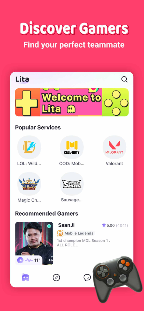 Lita app interface for discovering gamer friends and finding teammates for popular games
