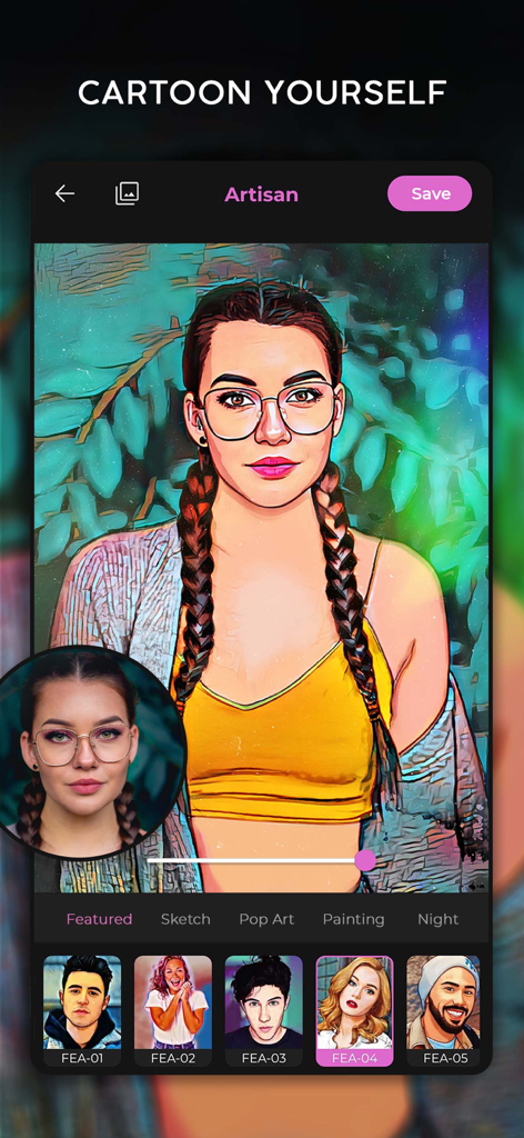 Pantalla de un smartphone que muestra la aplicación Artisan con un filtro de dibujo animado aplicado a un retrato de mujer