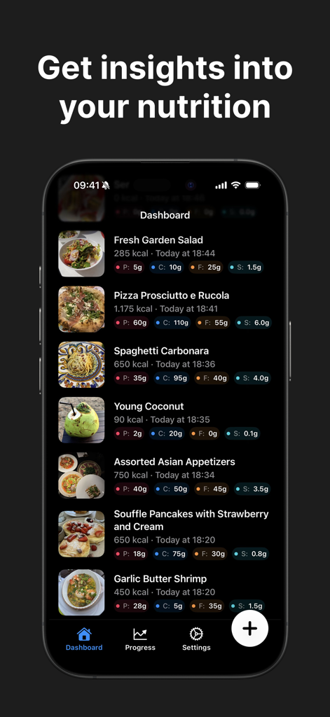 Eata - AI Calorie Tracker - Panel de la aplicación Eata que muestra una lista de comidas rastreadas con información sobre calorías y macronutrientes