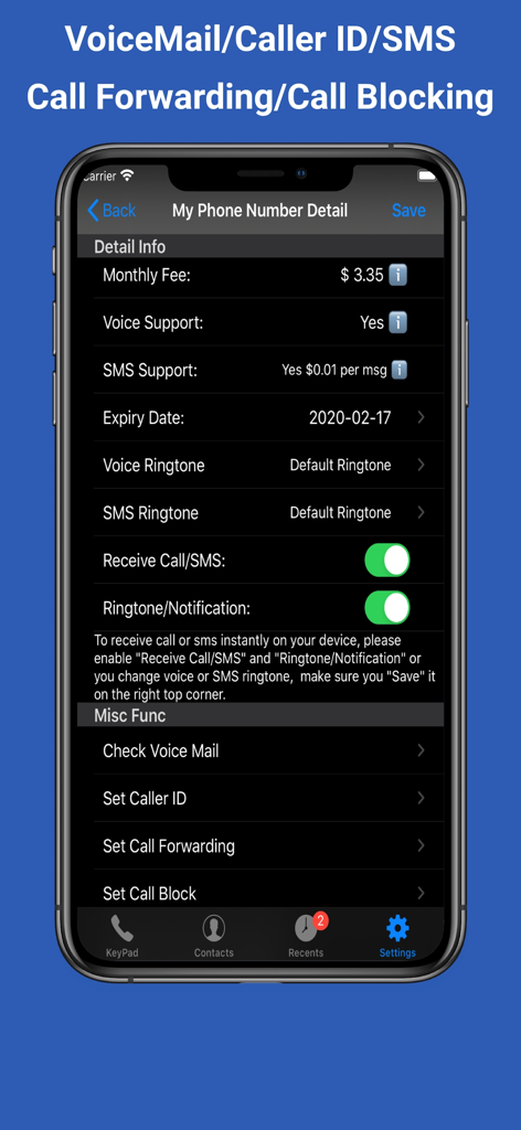 TalkTT app screen showing settings for phone numbers including voicemail and call forwarding