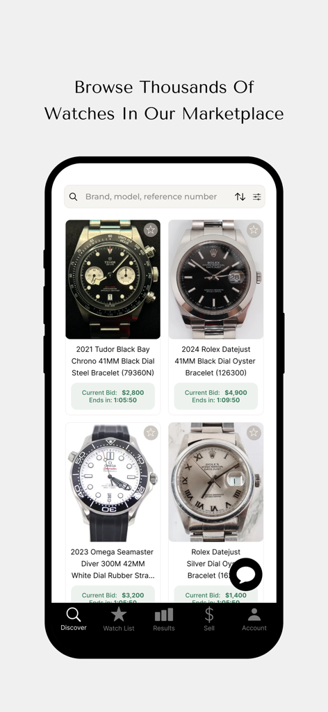 Grailzee app interface displaying a marketplace of luxury watch auctions including Rolex and Tudor brands