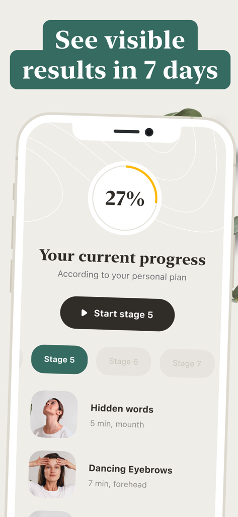 Mimika app interface showing a 27 percent progress tracker for a personalized face yoga plan and a list of facial exercises.