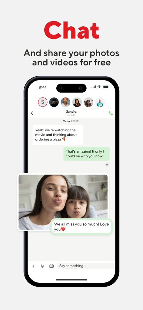 BOSS Revolution: Call & Top up - Interface de chat do aplicativo Boss Revolution mostrando uma conversa e fotos de família compartilhadas