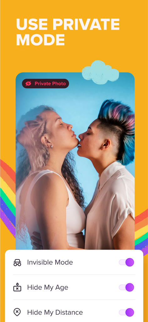 Interface of the Zoe app showing privacy settings including invisible mode, hide age, and hide distance with a private photo of a lesbian couple.