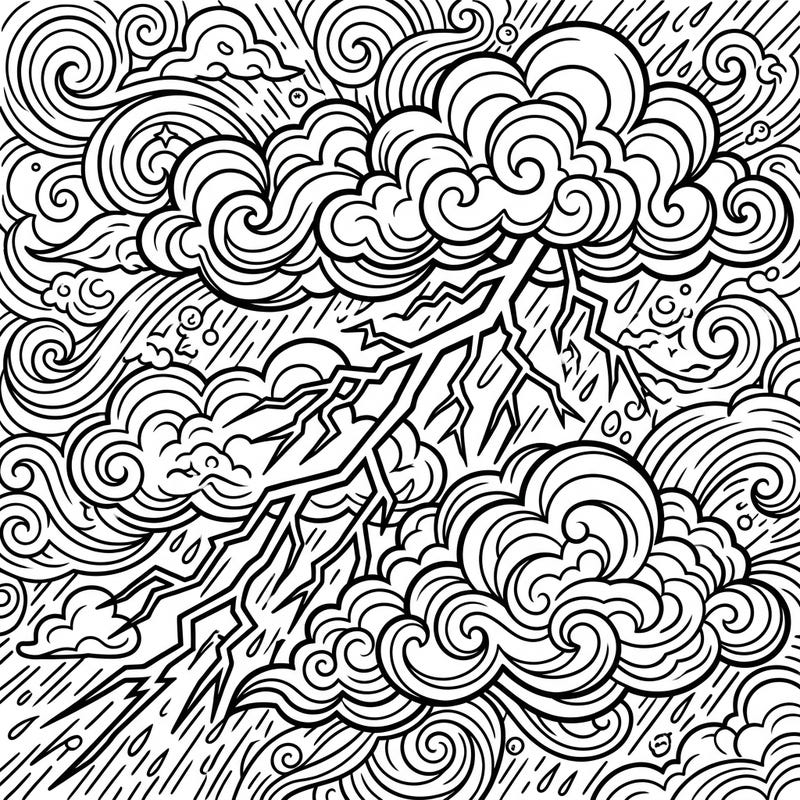 Experience the raw power of nature with this dynamic cloud-to-cloud lightning coloring page. Bold lines and intricate storm clouds invite you to bring this electrifying spectacle to life with your favorite colors.