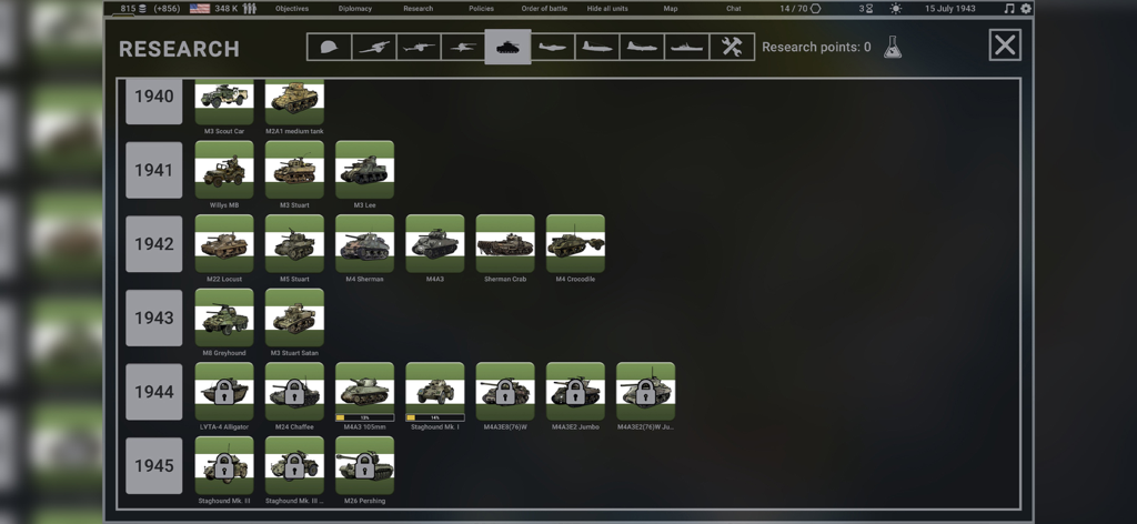 Hex of Steel - Research screen in Hex of Steel showing historical tank unlocks from 1940 to 1945.