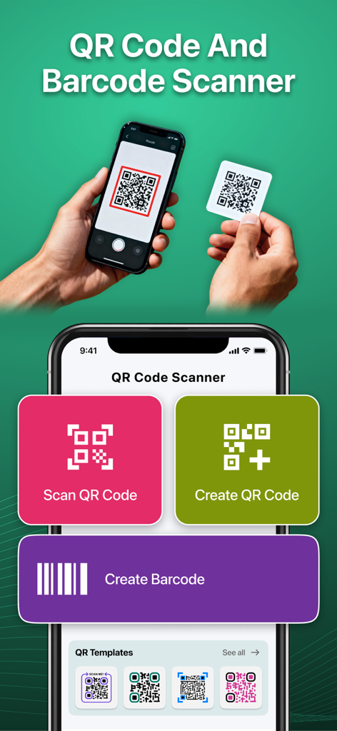 QR Code Scanner Pro - Scanify - Scanify app mobile interface showing options to scan or create QR codes and barcodes with professional templates
