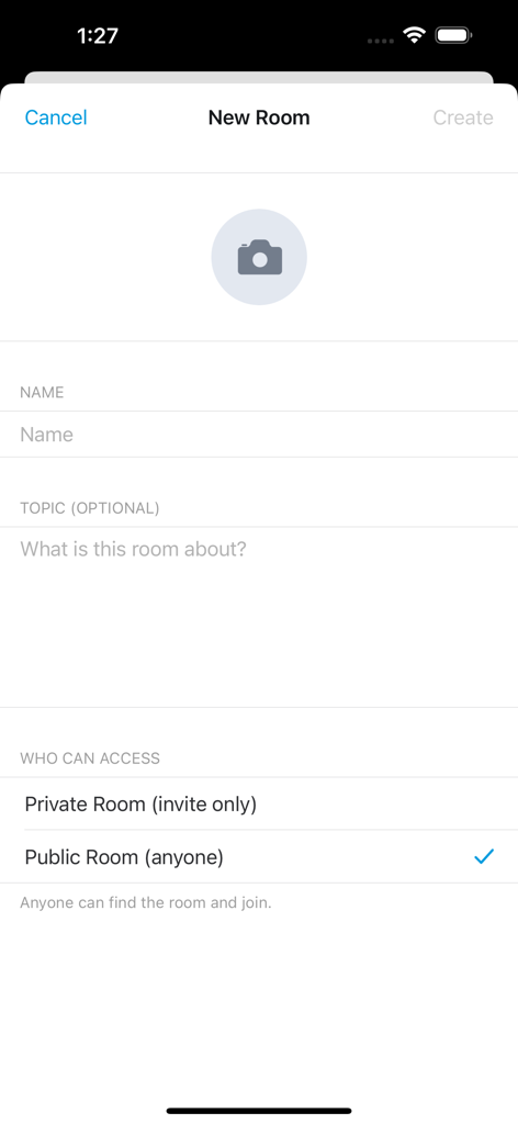 Jeppesen FlightChat - The new room creation screen in the Jeppesen FlightChat app