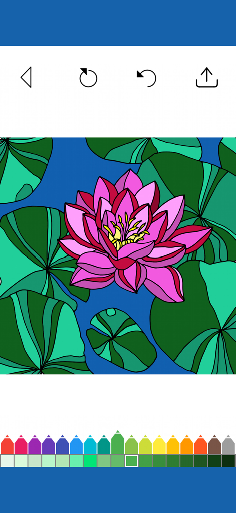 Digital coloring app interface showing a pink water lily with green lily pads and a color selection palette