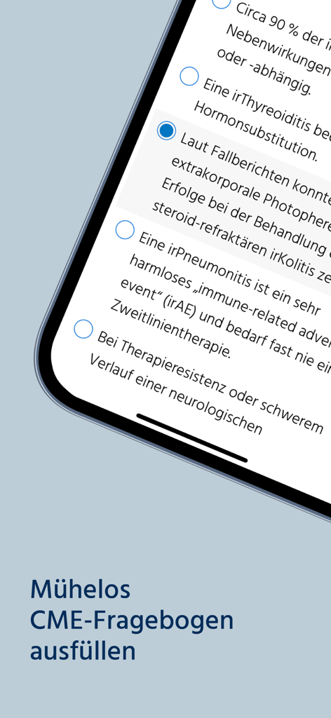 Smartphone screen showing a medical education multiple choice quiz for CME credits