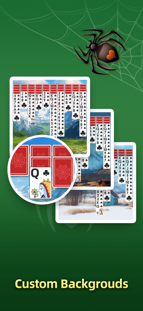 Spider Solitaire - Card 2026 - Spider Solitaire mobile game screen showcasing various custom scenic background themes