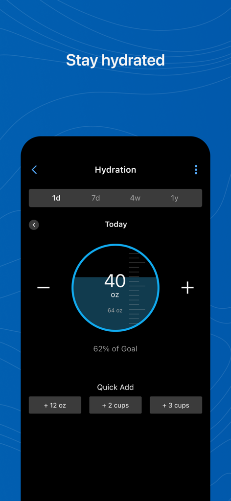 L'application Garmin Connect permet de suivre l'hydratation et d'afficher la consommation d'eau quotidienne ainsi que la progression vers l'objectif.