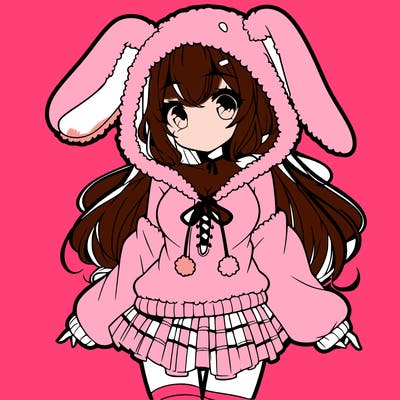 pretty anime girl wearing a fluffy hoodie with bunny ears on the hood and a skirt