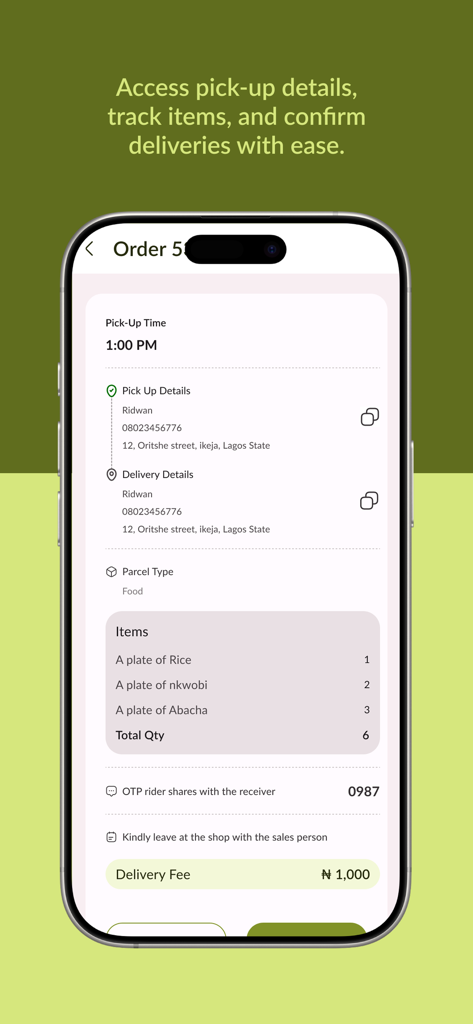 Fazt Rider - Interfaz de la aplicación Fazt Rider que muestra información del pedido de entrega, incluidos los detalles de recogida y la lista de artículos de comida