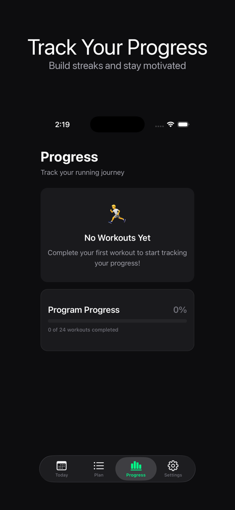 Pantalla de seguimiento del progreso de la app Empieza a Correr De Cero a 5K mostrando el estado de finalización del entrenamiento.
