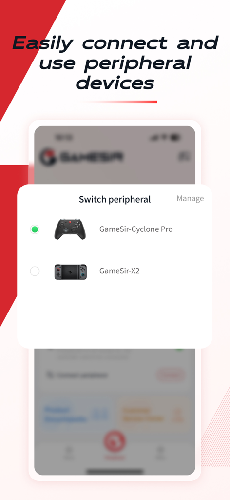 GameSir app screen displaying the switch peripheral menu with options for Cyclone Pro and X2 controllers