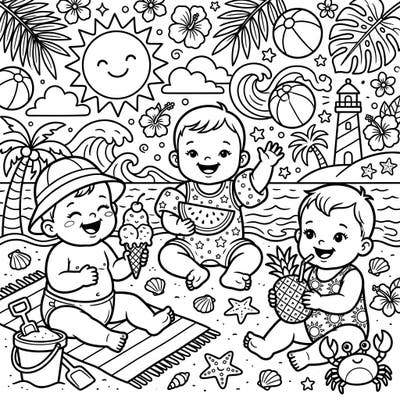 Celebrate the joy of summer with this delightful coloring page featuring three adorable babies enjoying a sunny day at the beach. Get ready for a splash of fun as you bring these happy little ones and their charming summer fashion to life!