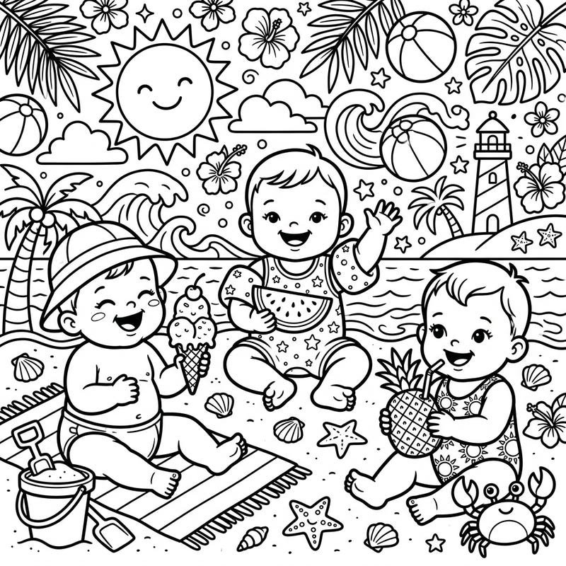 Celebrate the joy of summer with this delightful coloring page featuring three adorable babies enjoying a sunny day at the beach. Get ready for a splash of fun as you bring these happy little ones and their charming summer fashion to life!