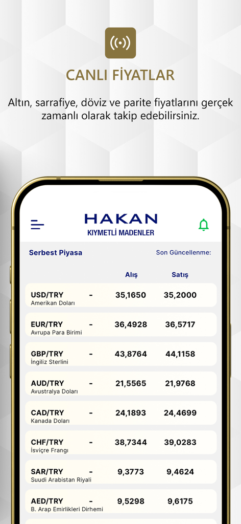Hakan Altın - Hakan Altın 모바일 앱 인터페이스로 터키 리라 대비 다양한 국제 통화의 실시간 환율 표시