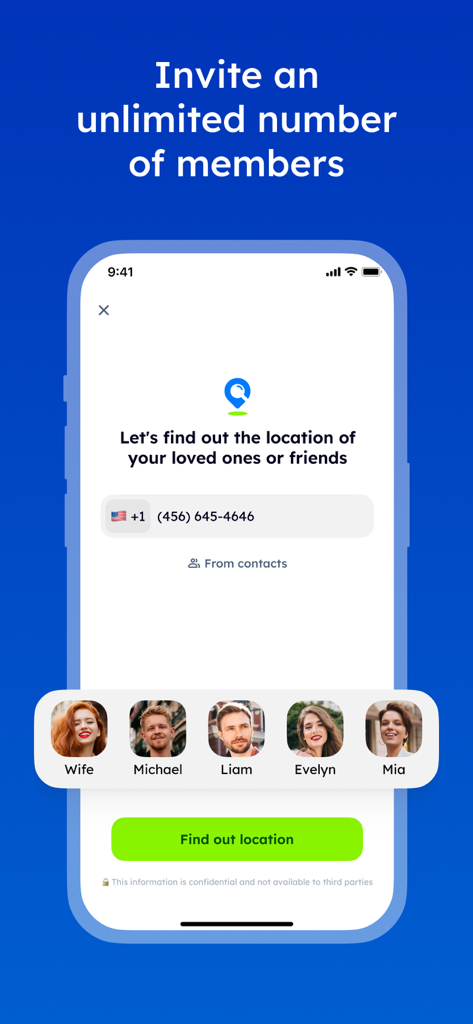 App interface showing how to invite family members and track their location via phone number