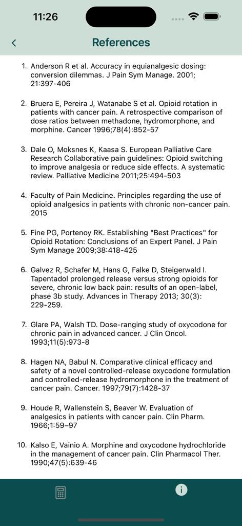 A list of clinical research and medical journal citations used for opioid dose calculations