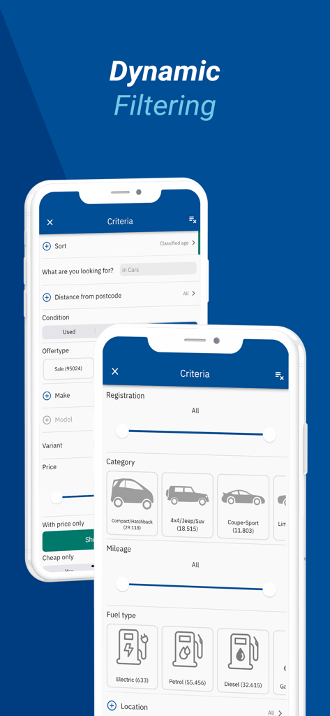 Captura de pantalla de la aplicación Car.gr mostrando filtros de búsqueda dinámicos para vehículos, incluyendo categorías de coches y tipos de combustible