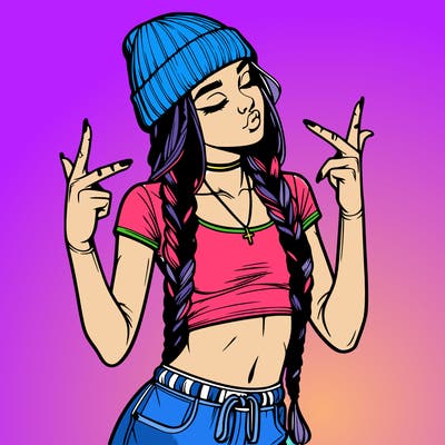 realistic teenage girl with braids and a beanie and crop top doing 🫶🏼