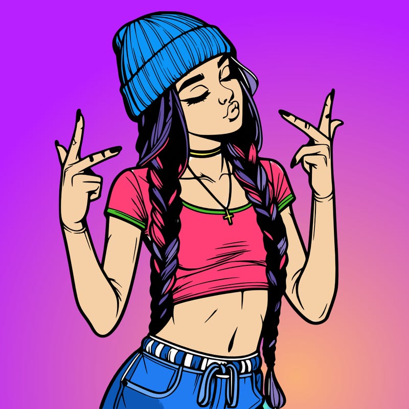 realistic teenage girl with braids and a beanie and crop top doing 🫶🏼