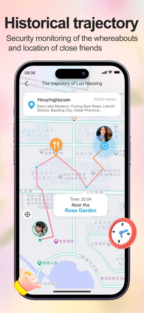 Find family- Share location - Tela do aplicativo móvel mostrando um mapa de trajetória histórica para rastreamento de localização e monitoramento de segurança