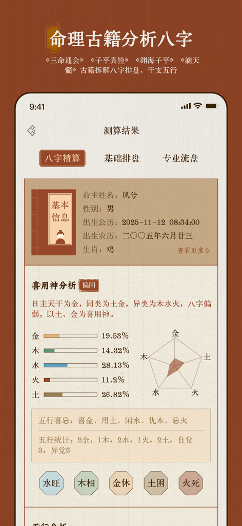 易理禅心：婚姻感情复合正缘桃花,手相面相易经算卦生肖配对合婚 - A mobile app screenshot showing a detailed Bazi metaphysical analysis with a birth chart and a five elements radar chart.