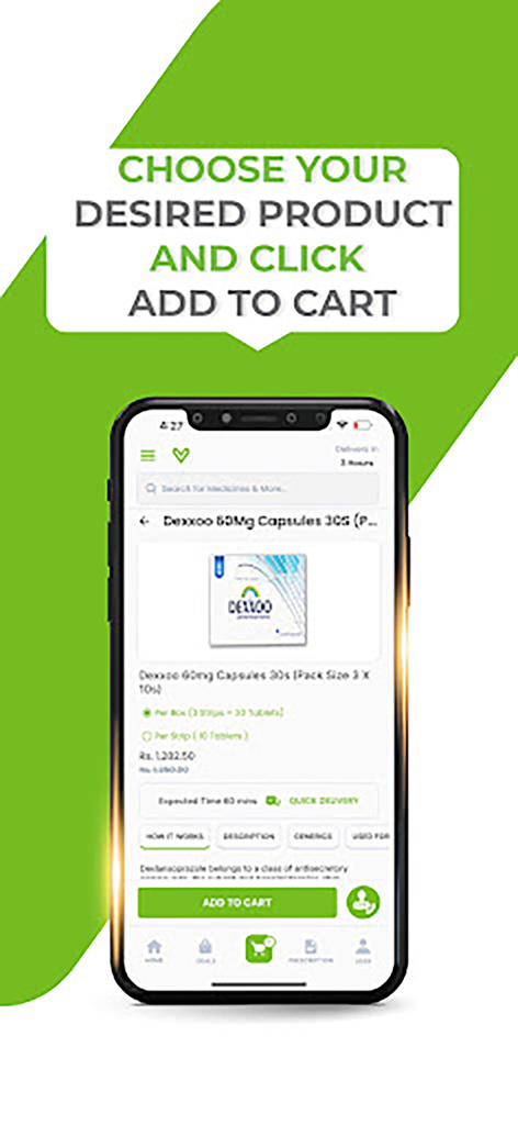 DVAGO - Pharmacy & Healthcare - Smartphone-Bildschirm mit der Produktseite für Medikamente der DVAGO Apotheken-App mit Schaltfläche zum Warenkorb hinzufügen