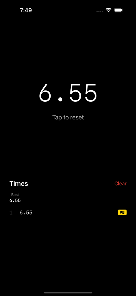 Cube-Timer - Minimalist cube timer app interface showing a solve time of 6.55 seconds and a personal best record