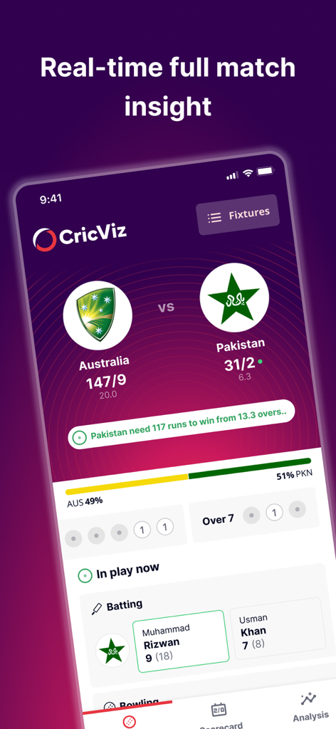 CricViz - CricViz mobile app interface displaying real time cricket match insights and WinViz predictor statistics for a live game