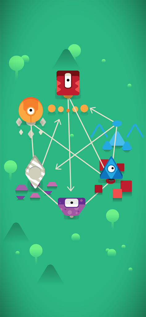 Sputnik Eyes - A minimalist logic puzzle level featuring colorful geometric robots and connecting paths on a green background.