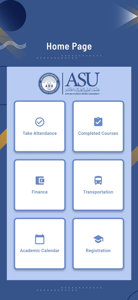 Panel de la pantalla de inicio de la aplicación MY ASU que muestra mosaicos de navegación para asistencia, finanzas, inscripción y cursos estudiantiles