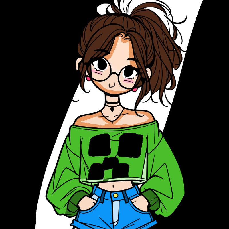 girl with a messy ponytail glasses a baggy crop top and jean shorts