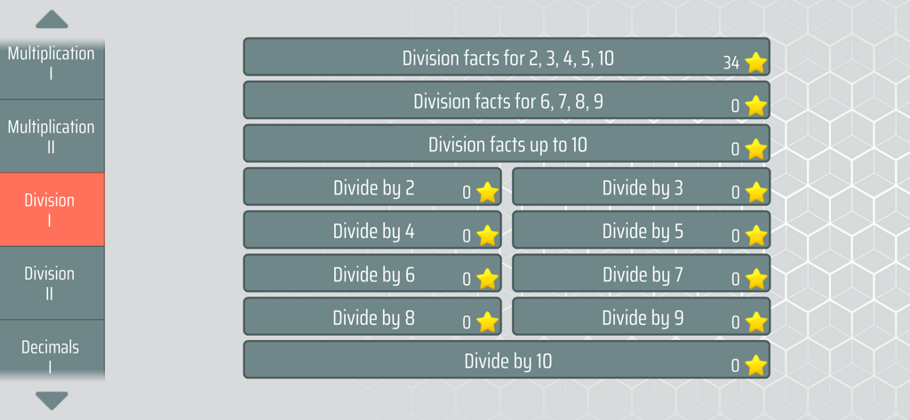 Division category menu in Math Shot Mathematics app showing various practice levels with score stars