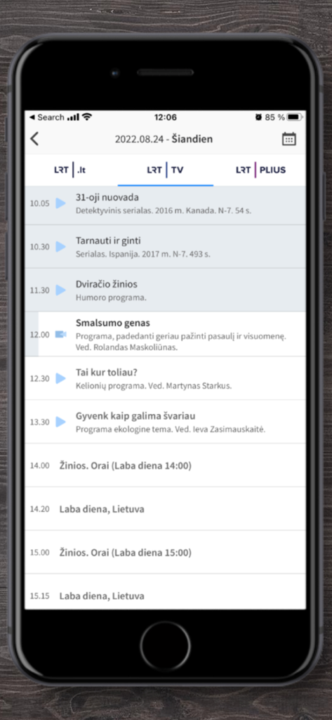 LRT.lt - Mobile interface of the LRT app showing the daily television program schedule for LRT TV.