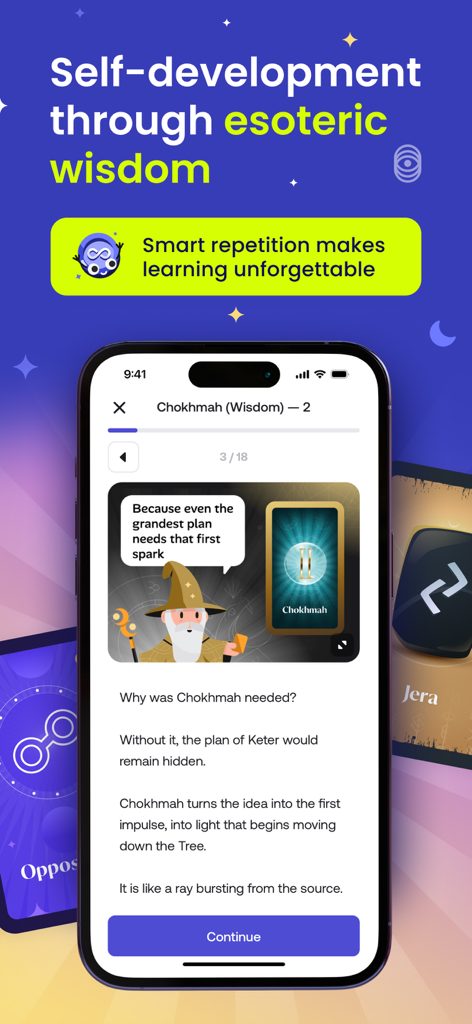 Astra Trainer - Astra Trainer app screen displaying a Kabbalah lesson on Chokhmah with a wizard illustration and educational text