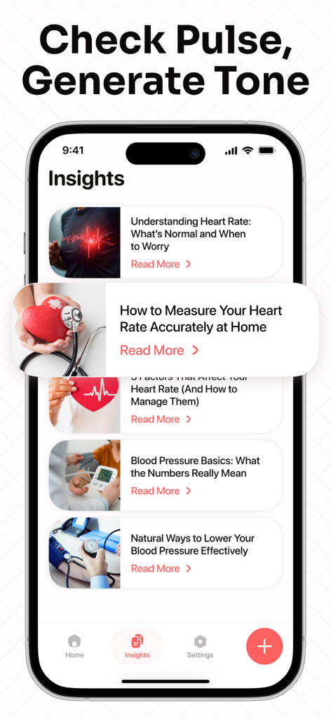 Blood Pressure. Health Tracker - Écran de smartphone affichant des informations sur la santé et des articles éducatifs sur la gestion du rythme cardiaque et de la tension artérielle dans l'application Blood Pressure Health Tracker