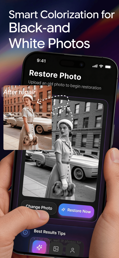 Rehancer AI - AI Photo - Rehancer AI app interface showing a black and white vintage photo being colorized with artificial intelligence