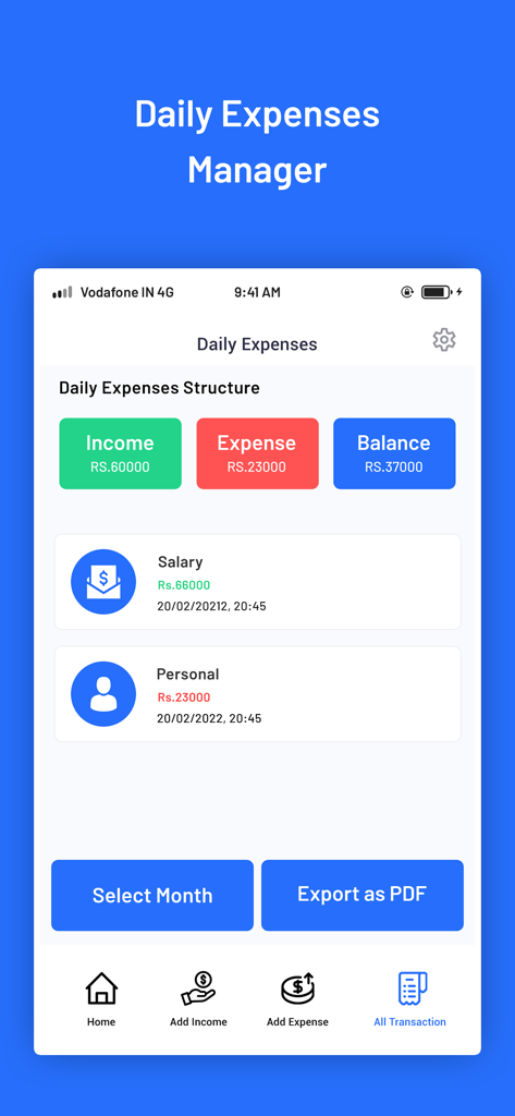 Daily Budget Tracker & Planner - Daily Expenses summary screen showing income, expense, and balance totals with transaction history.