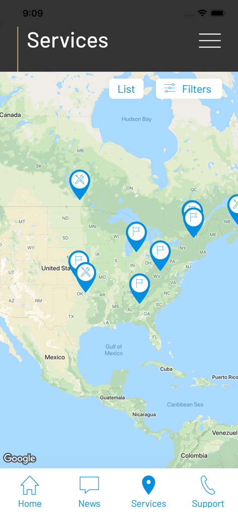 Mapa mostrando locais de serviço e manutenção de motores PT6 na América do Norte