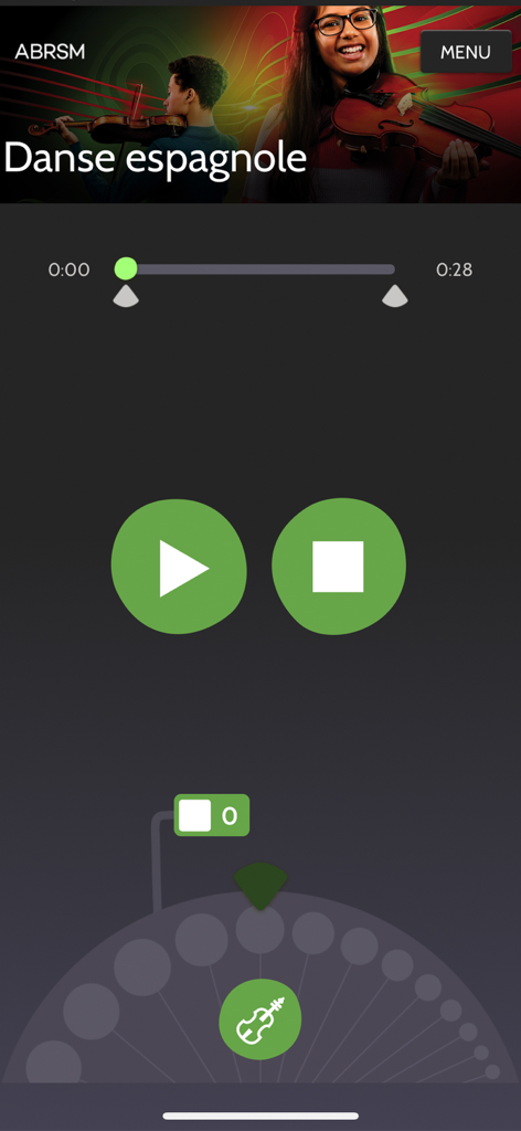 ABRSM Violin Practice Partner - ABRSM Violin Practice Partner app showing playback controls for the piece Danse espagnole