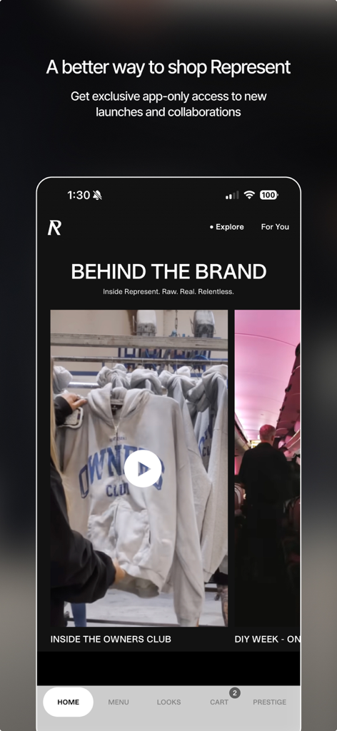REPRESENT - REPRESENT mobile app interface showing the Behind the Brand section with exclusive Owners Club video content.