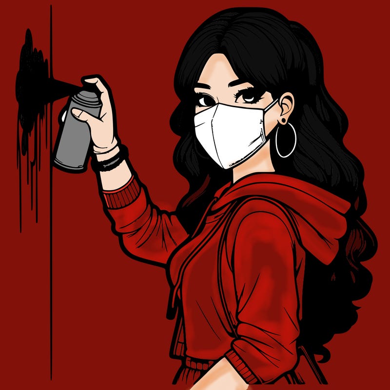 realistic girl with mask spray painting a wall