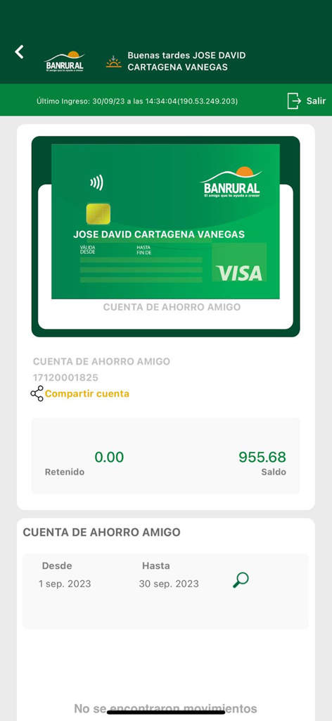 Banrural Móvil Honduras - Banrural Móvil Honduras app savings account dashboard showing balance and virtual Visa card.